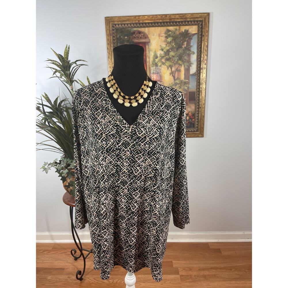 Investments Tunic Top Womens Size 1X Beige Black Abstract Print Modernist Chic